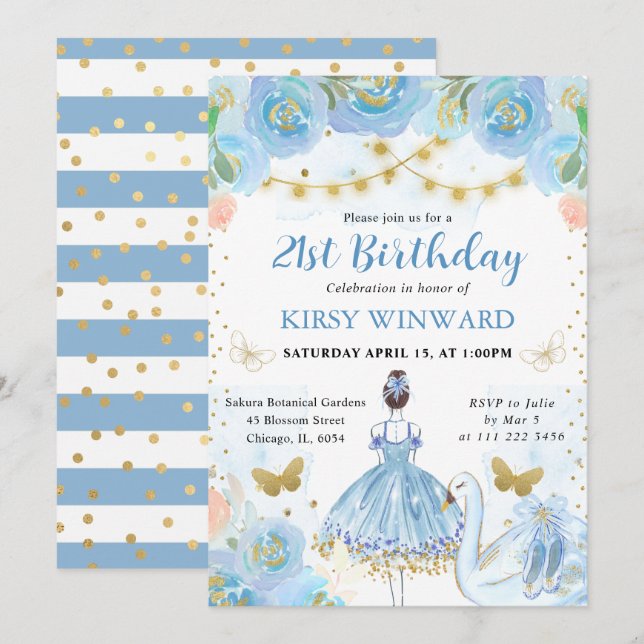 Blue Tutu Brunette Hair Ballerina Birthday Invitation (Front/Back)