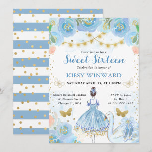 Blue Tutu Brunette Hair Ballerina Sweet 16 Invitation