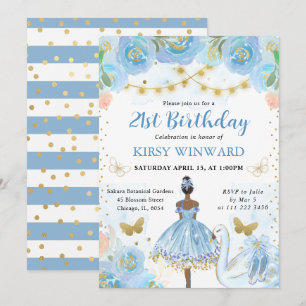 Blue Tutu Dark Skin Ballerina Birthday Invitation