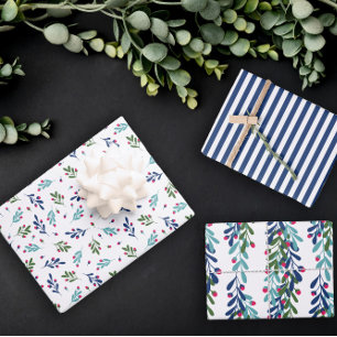 Blue Twigs & Pink Berries Christmas Patterns Wrapping Paper Sheet