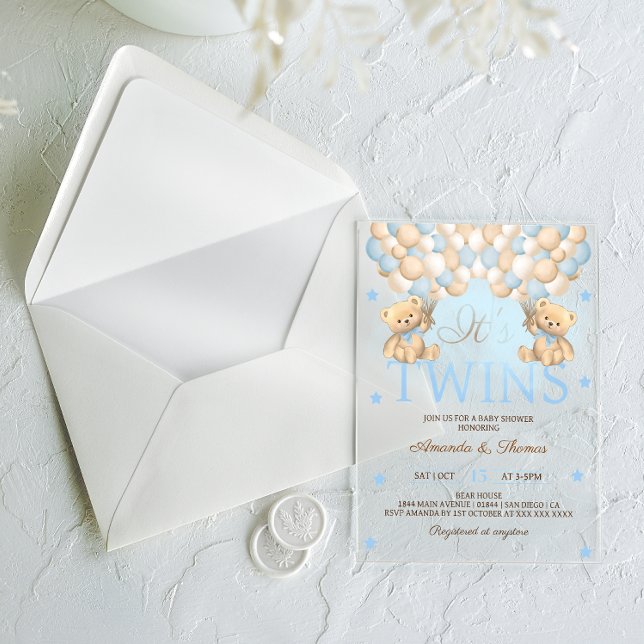 Blue Twin Boys Bear Balloons Baby Shower Acrylic Invitations (Creator Uploaded)