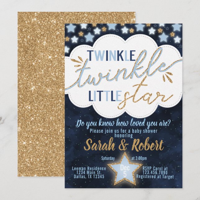 Blue Twinkle Little Star Baby Shower Invitation (Front/Back)