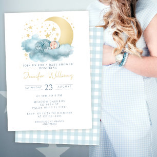 Blue twinkle moon stars baby boy shower Invitation