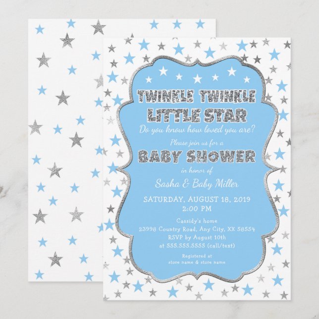 BLUE Twinkle Twinkle Little Star Baby Shower Invitation (Front/Back)