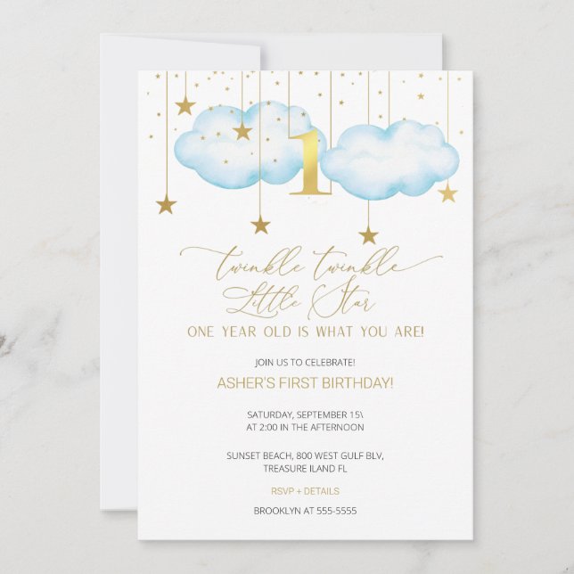 Blue Twinkle Twinkle Little Star First Birthday Invitation (Front)