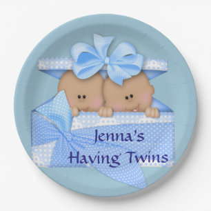 Blue Twins African American Baby Shower Party Paper Plate