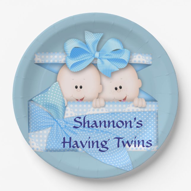 Blue Twins Baby Shower Party Paper Plate (Front)
