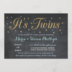 Blue Twins Boy Chalk Gold Baby Shower Invite