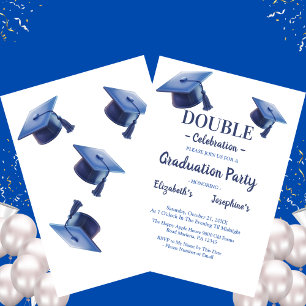Blue Two Graduates caps Double Graduation Party Invitation