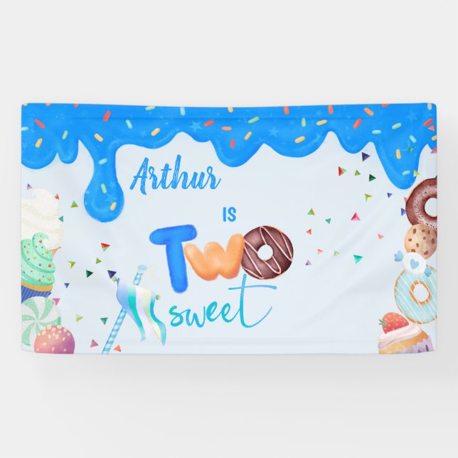 blue two sweet doughnut 2nd birthday  banner (Horizontal)