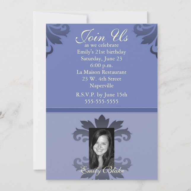 Blue Two-toned Damask Photo Invitation (Front)