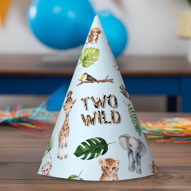 Blue Two Wild 2nd Birthday Jungle animals Party Hat (Two Wild, Blue Safari Themed Baby Boy 2nd birthday party hat.)