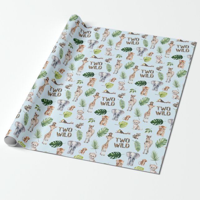 Blue Two Wild 2nd Birthday Jungle animals Wrapping Paper (Unrolled)