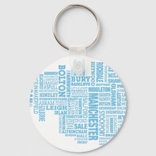 Blue Type map of Greater Manchester Key Ring