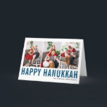 Blue Typography Happy Hanukkah Photo Collage Holiday Card<br><div class="desc">Happy Hanukkah! Customisable Happy Hanukkah photo collage card featuring blue simple typography and snow pattern. Personalise by adding three photos,  names,  year and other details. This modern Hanukkah card is available in other colours and cardstock.</div>