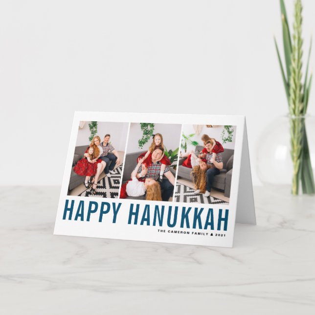 Blue Typography Happy Hanukkah Photo Collage Holiday Card (Front)