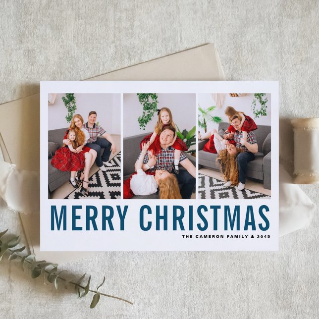 Blue Typography Merry Christmas Photo Collage Holiday Card (Creator Uploaded)