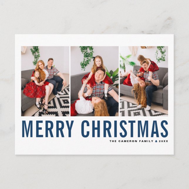 Blue Typography Merry Christmas Photo Collage Postcard (Front)