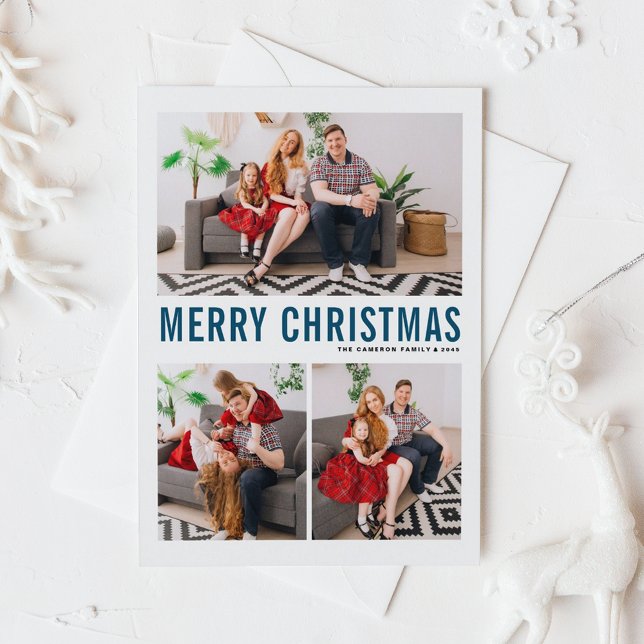 Blue Typography Merry Christmas Three Photo Holiday Card (Modern Blue Typography Three Photo Collage Merry Christmas Card)