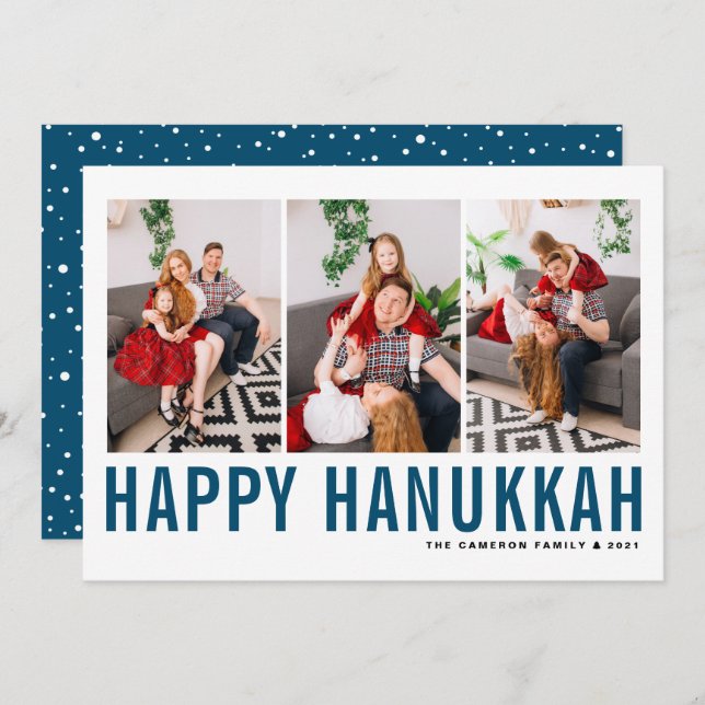 Blue Typography Photo Collage Happy Hanukkah Holiday Card (Front/Back)