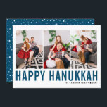 Blue Typography Photo Collage Happy Hanukkah Holiday Card<br><div class="desc">Happy Hanukkah! Customisable Happy Hanukkah photo collage flat card featuring blue simple typography and snow pattern. Personalise by adding three photos,  names,  year and other details. This modern Hanukkah flat card is available in other colours and cardstock.</div>