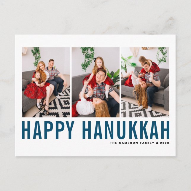 Blue Typography Photo Collage Happy Hanukkah Holiday Postcard (Front)