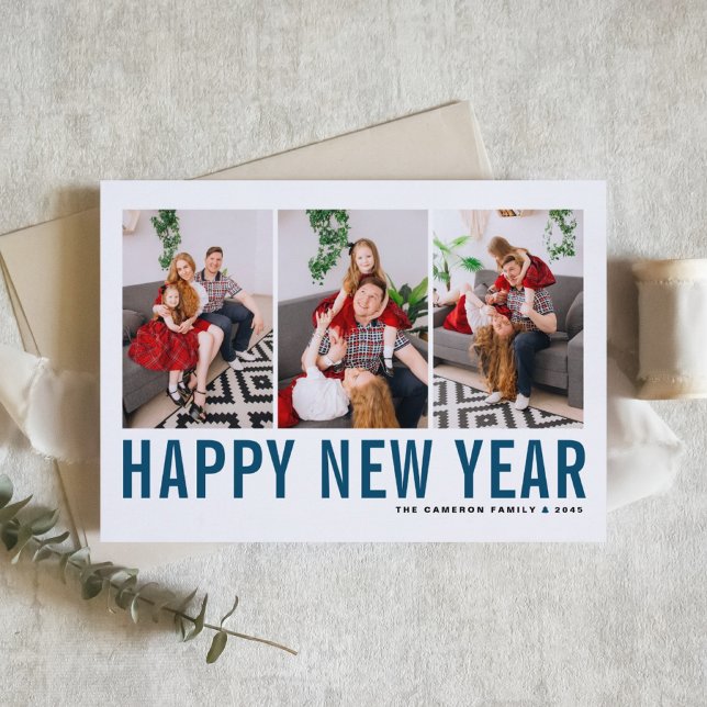 Blue Typography Photo Collage Happy New Year Holiday Card (Send new year cheer with this customizable navy blue three-photo-collage Happy New Year Card. )