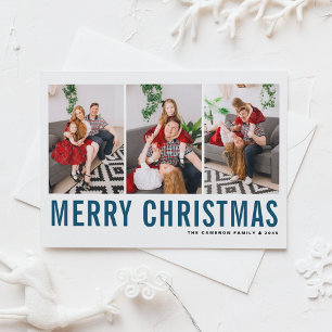 Blue Typography Photo Collage Merry Christmas Holiday Card
