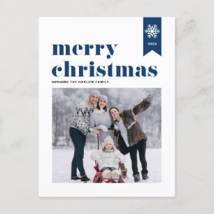 Blue Typography Snowflakes Merry Christmas Photo Holiday Postcard