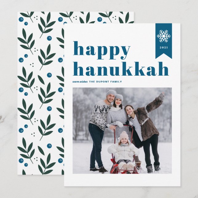 Blue Typography Snowflakes Photo Happy Hanukkah Holiday Card (Front/Back)