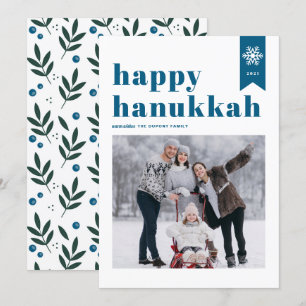 Blue Typography Snowflakes Photo Happy Hanukkah Holiday Card
