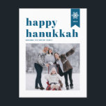 Blue Typography Snowflakes Photo Happy Hanukkah Holiday Postcard<br><div class="desc">Happy Hanukkah! | Send your holiday wishes with this customisable Hanukkah photo postcard. It features blue retro bold typography,  simple snowflakes accent and festive pattern. Personalise by adding names,  year and photo. This festive photo Happy Hanukkah postcard is available in various colours and cardstock.</div>