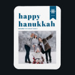 Blue Typography Snowflakes Photo Happy Hanukkah Magnet<br><div class="desc">Happy Hanukkah! | Send your holiday wishes with this customisable Hanukkah photo magnet. It features blue retro bold typography and snowflake accents. Personalise by adding names,  year and photo. This festive photo Happy Hanukkah magnet is available in various colours and cardstock.</div>