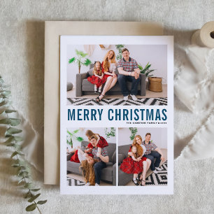Blue Typography Three Photo Merry Christmas Holiday Card