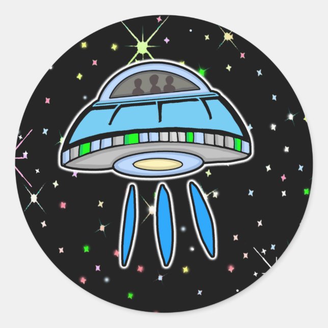 Blue UFO with Starry night Outer Space Classic Round Sticker (Front)
