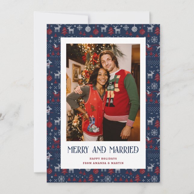 Blue Ugly Sweater Married and Merry Photo Holiday Card (Front)