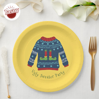 Blue Ugly Sweater With Elf Feet Paper Plate
