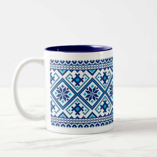 Blue Ukrainian embroidery (vyshyvanka) mug (Left)