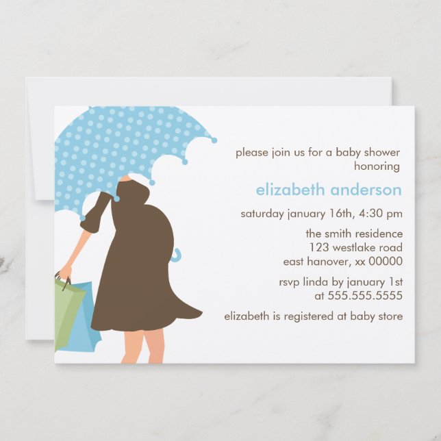 Blue Umbrella and Baby Bump Baby Shower Invitation (Front)