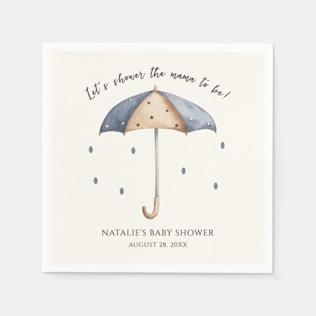 Blue Umbrella and Rain Baby Shower Napkin (Front)