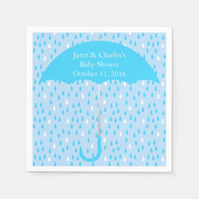 Blue Umbrella and Rain Baby Shower Paper Napkins (Front)