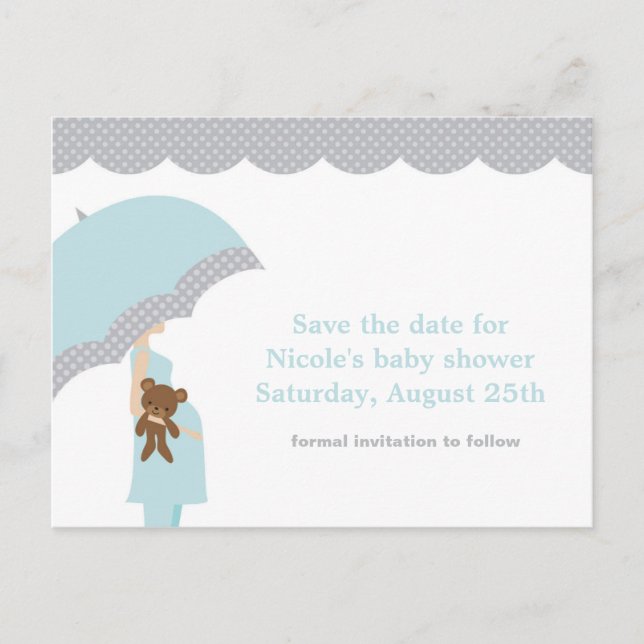 Blue Umbrella Baby Shower Save the Date Announcement Postcard (Front)