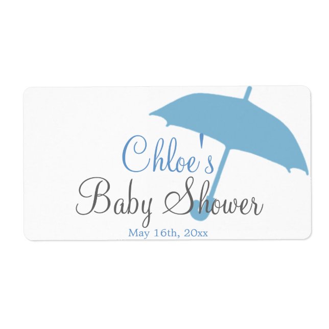 Blue Umbrella Baby Shower Water Bottle Labels (Front)
