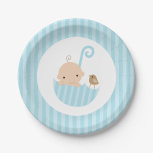 Blue Umbrella Boy Baby Shower Paper Plate