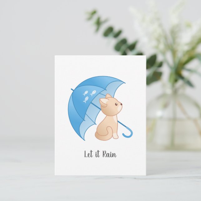 Blue Umbrella Cat Let it Rain Postcard (Standing Front)