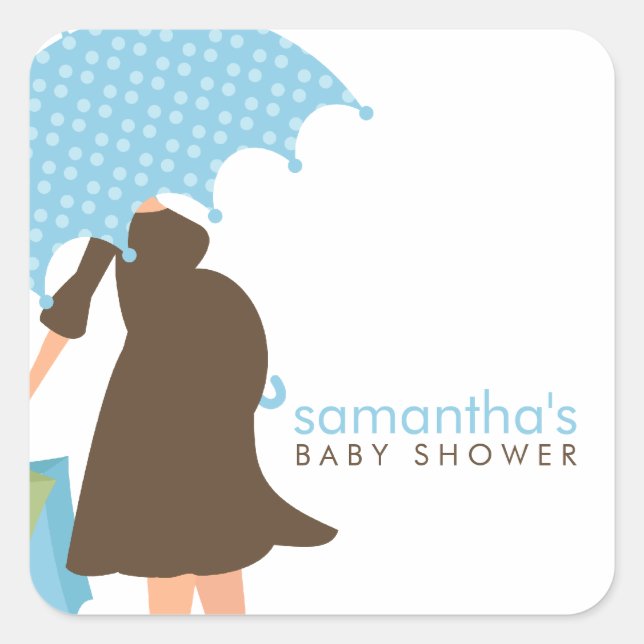 Blue Umbrella Mum Boy Baby Shower Square Sticker (Front)