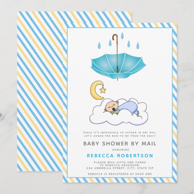 Blue umbrella, sleeping baby boy shower by mail invitation (Front/Back)