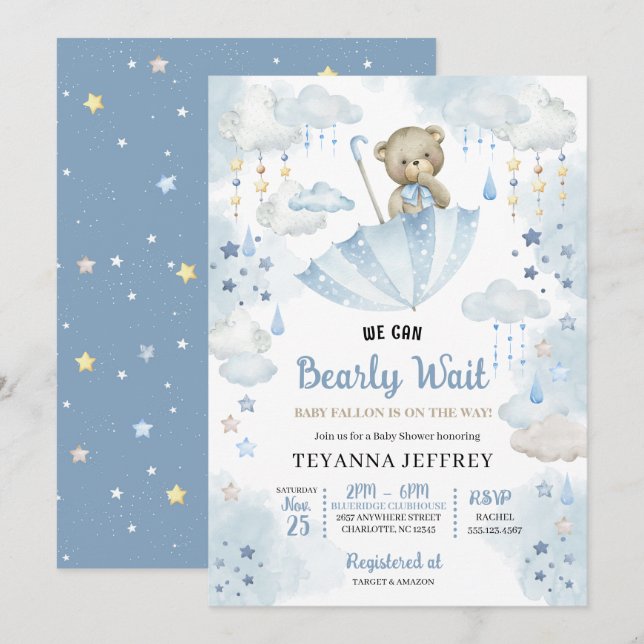 Blue Umbrella Teddy Bear Baby Sprinkle Baby Shower Invitation (Front/Back)