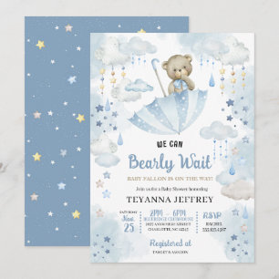 Blue Umbrella Teddy Bear Baby Sprinkle Baby Shower Invitation