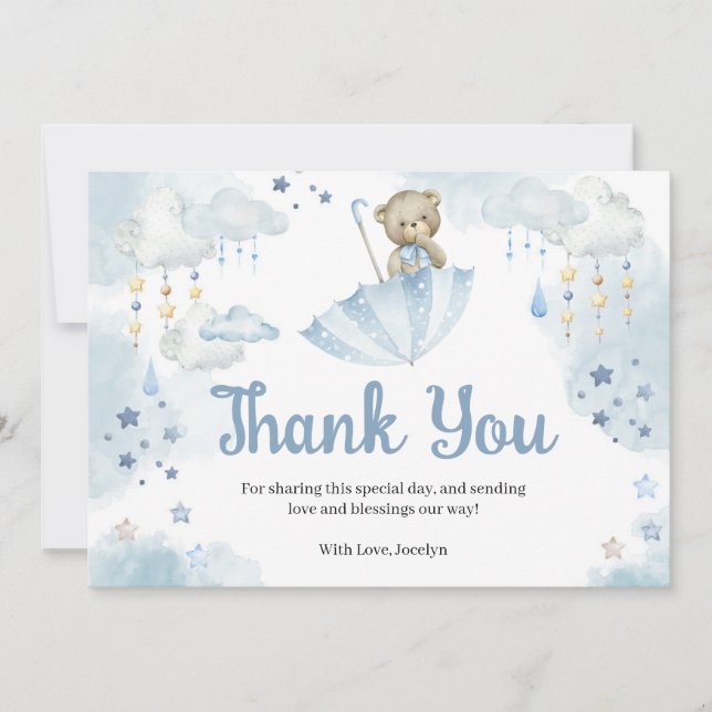 Blue Umbrella Teddy Bear Baby Sprinkle Thank You Card (Front)
